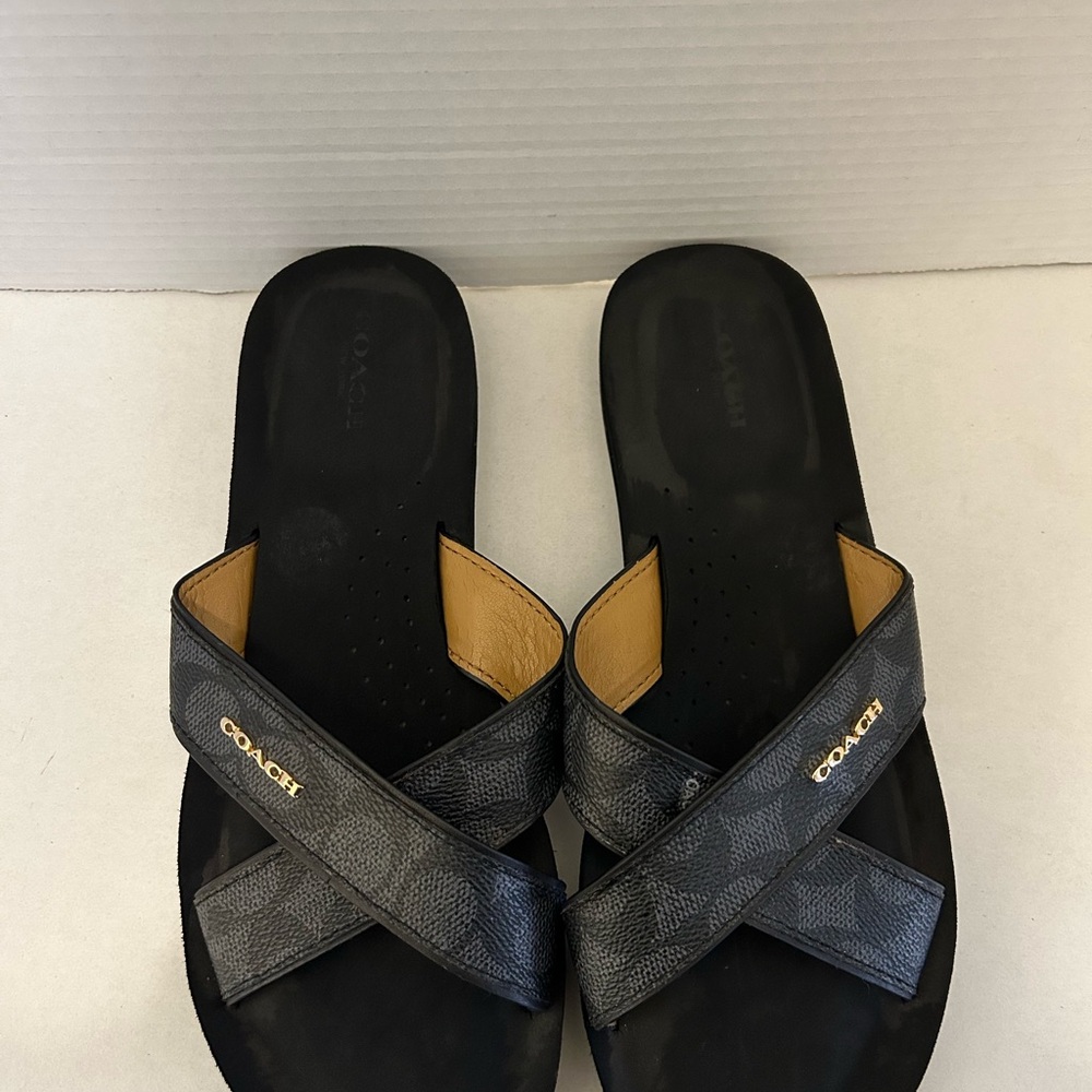 Coach Women's Black & Brown Signature Cross-Strap Slide Sandals - Picture 2 of 9